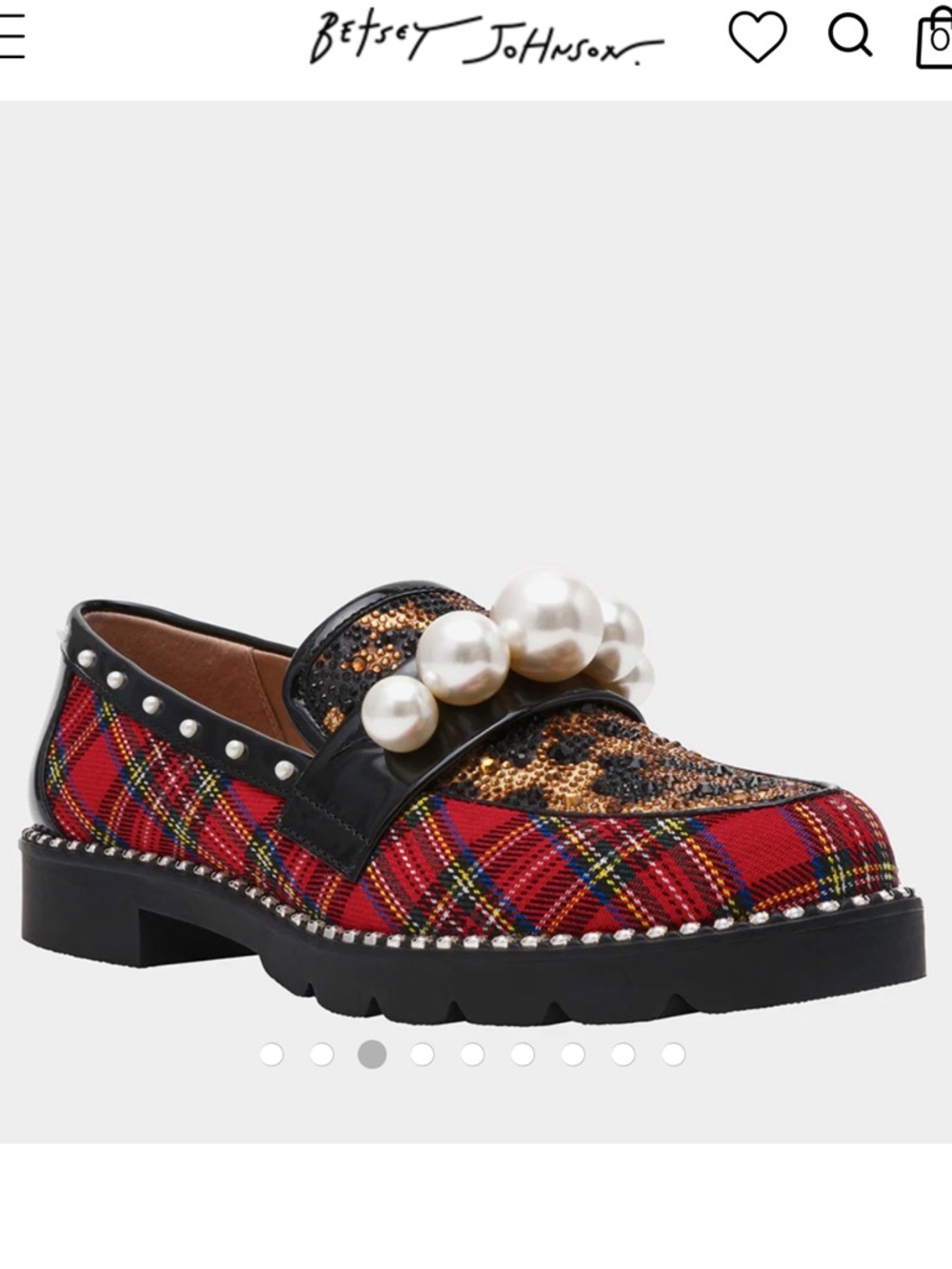 Betsey Johnson Red Plaid Pearl-Embellished Loafer with Black Accents